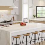 Vadara_Golden Scribe Quartz kitchen island